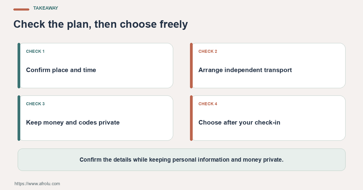 Takeaway for diaspora safety weekend: Confirm place and time; Arrange independent transport; Keep money and codes private.