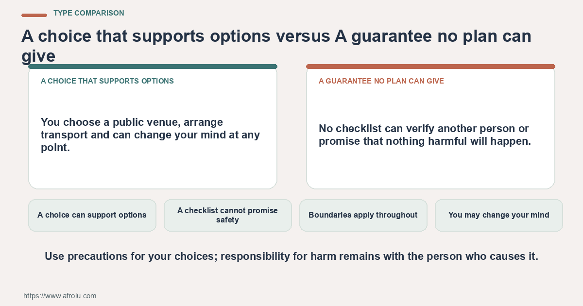 Type Comparison for diaspora safety weekend: A choice can support options; A checklist cannot promise safety; Boundaries apply throughout.