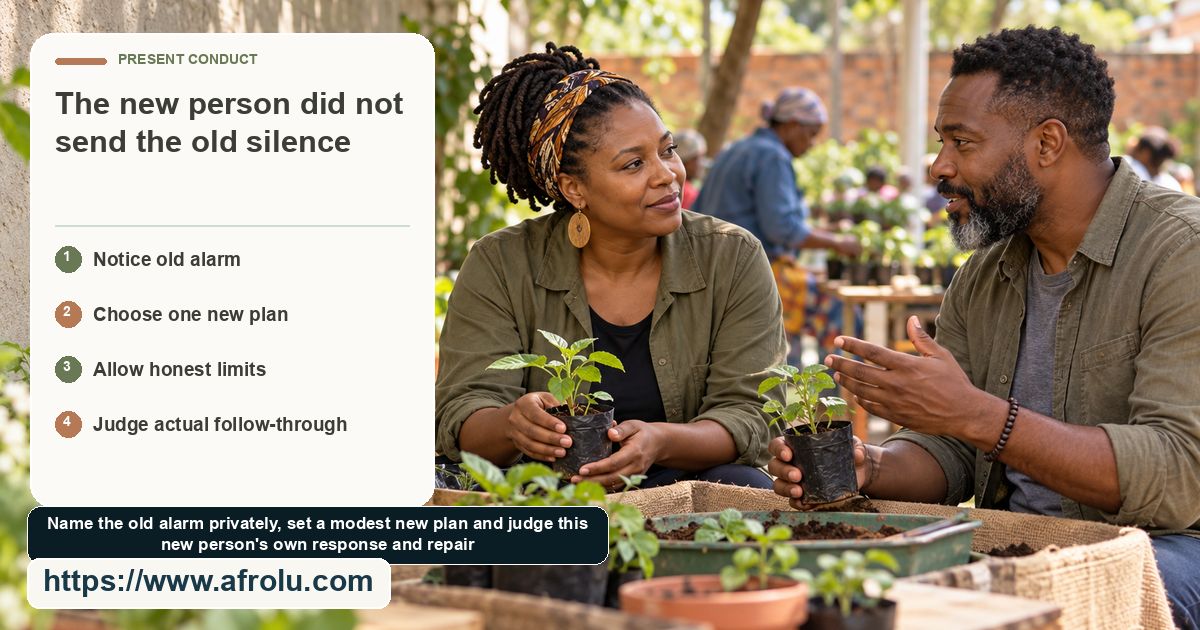 Two adults at a public seedling exchange handle potted plants while speaking across a table.