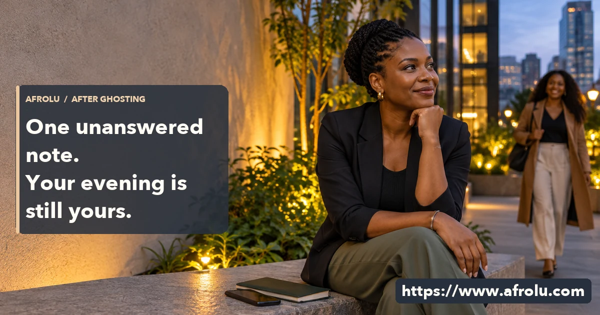 Adult Black woman outside an office at dusk turns toward a friend while her phone rests beside a notebook.
