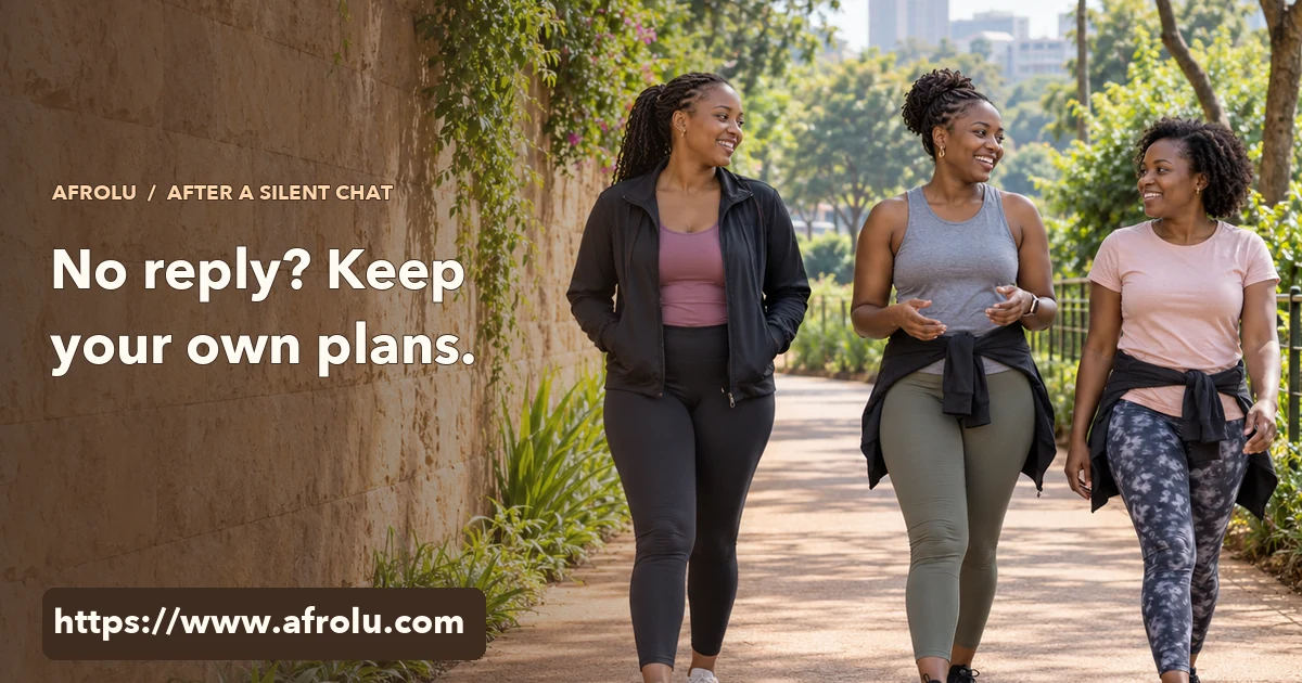 A Nairobi woman walks with two adult friends on a public path after putting her phone away.