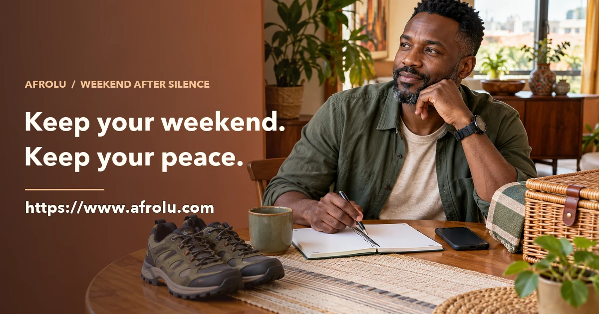 A parent at home writes in a weekend planner with a phone face down and walking shoes nearby.