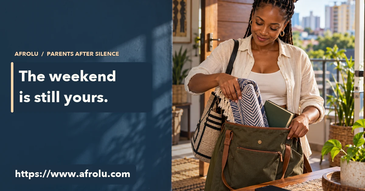 A parent puts a blanket and book into a day bag for her own Saturday plan while a phone rests on a table.