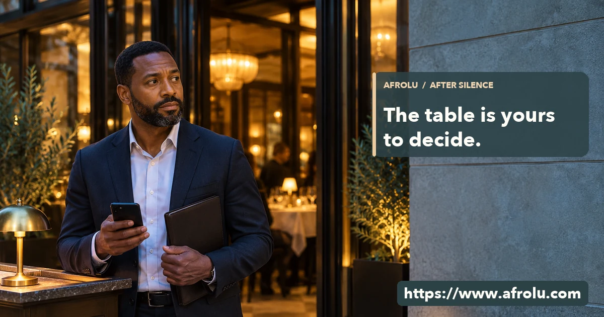 Adult professional pauses outside a public restaurant while holding a blank phone near a closed reservation book.