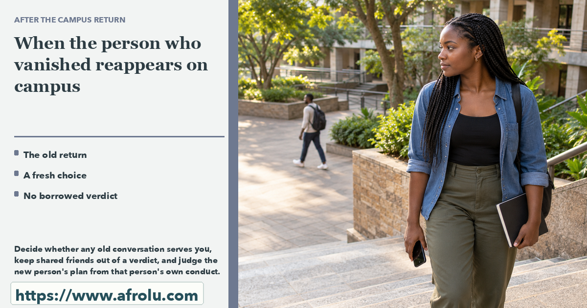 An adult student holding a closed notebook on a Nairobi campus path while another person walks in the background.