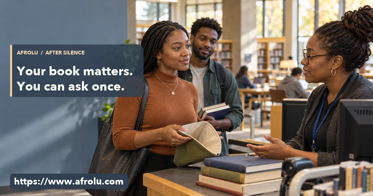 An adult student considers a book return at a public library desk.