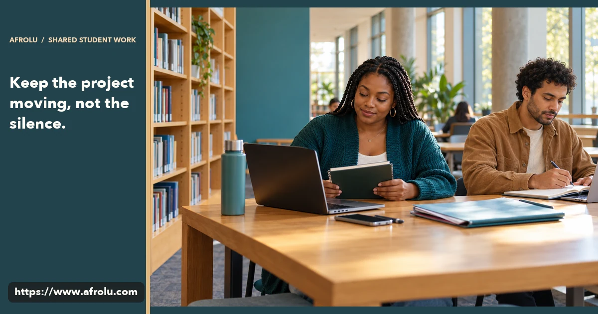 An adult student reviews a shared report at a library table while another adult student works nearby.