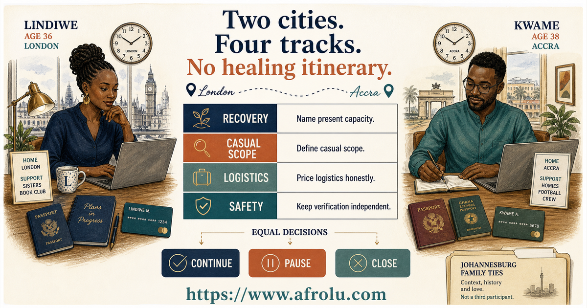Lindiwe and Kwame using a two-city map for heartbreak recovery casual scope logistics and safety