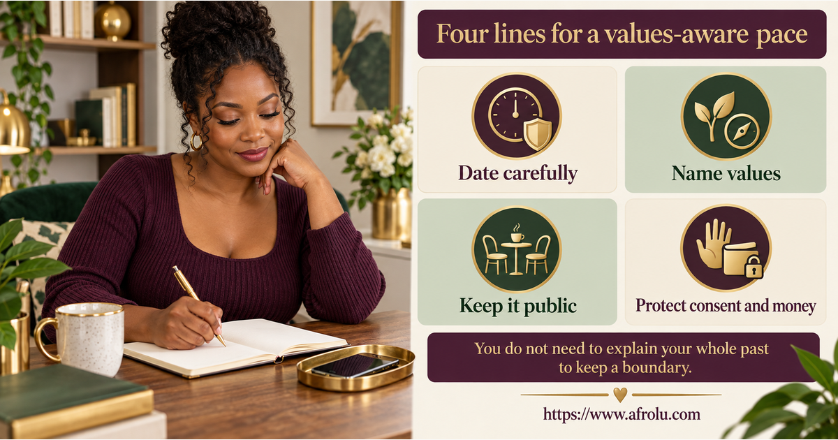 Four large plain-language scripts for a careful pace, values without pressure, a public first date and keeping consent or money separate