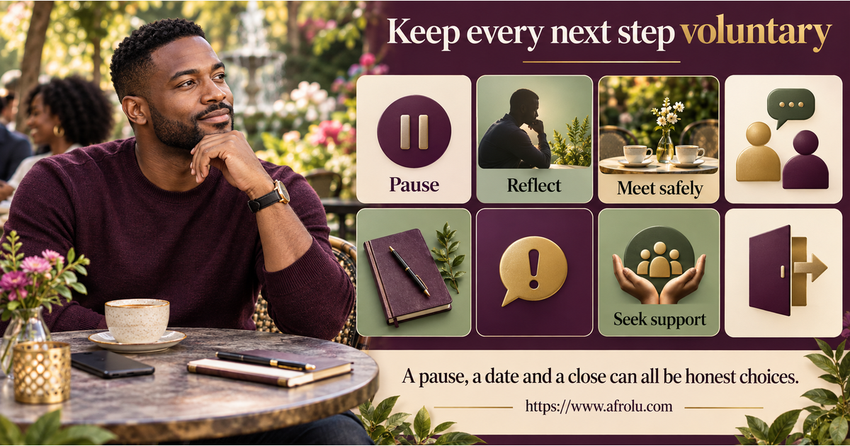Eight equal-choice board for pausing, reflecting, planning a public coffee, speaking to a trusted person, keeping values private, reporting pressure, seeking support or ending contact