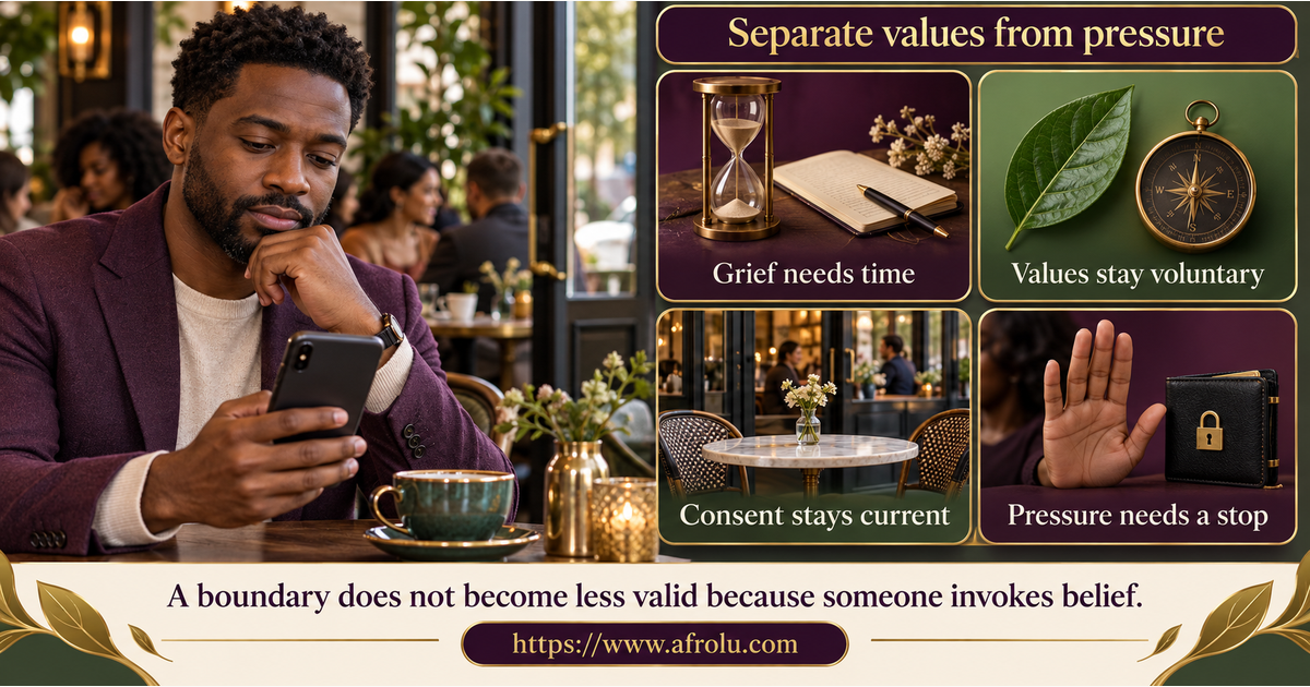 Editorial signal board separating ordinary grief, self-described values and a clear public plan from guilt, faith-based pressure, money requests, private changes and ignored consent
