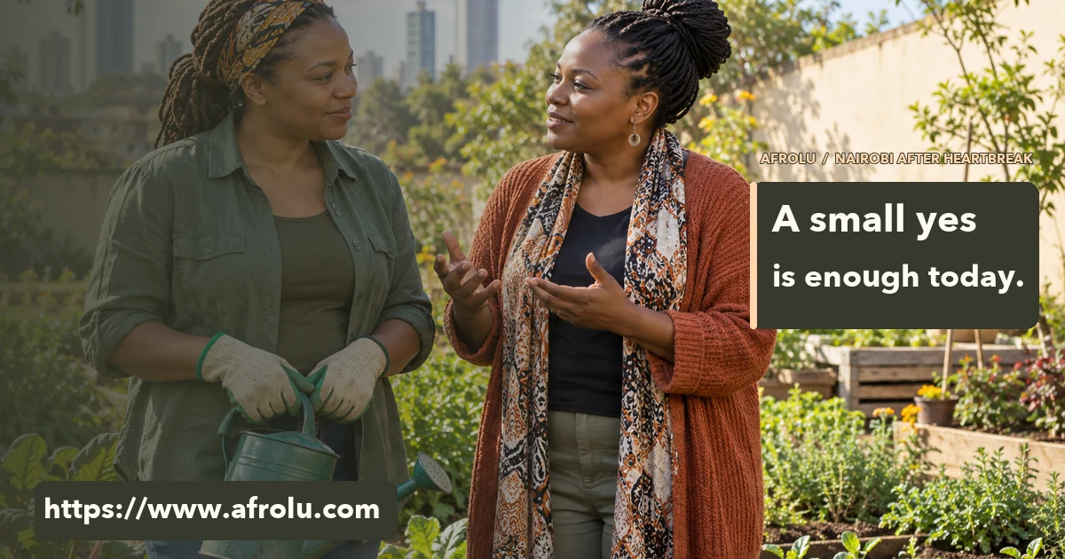Two adult women talk while tending a Nairobi community garden in daylight.