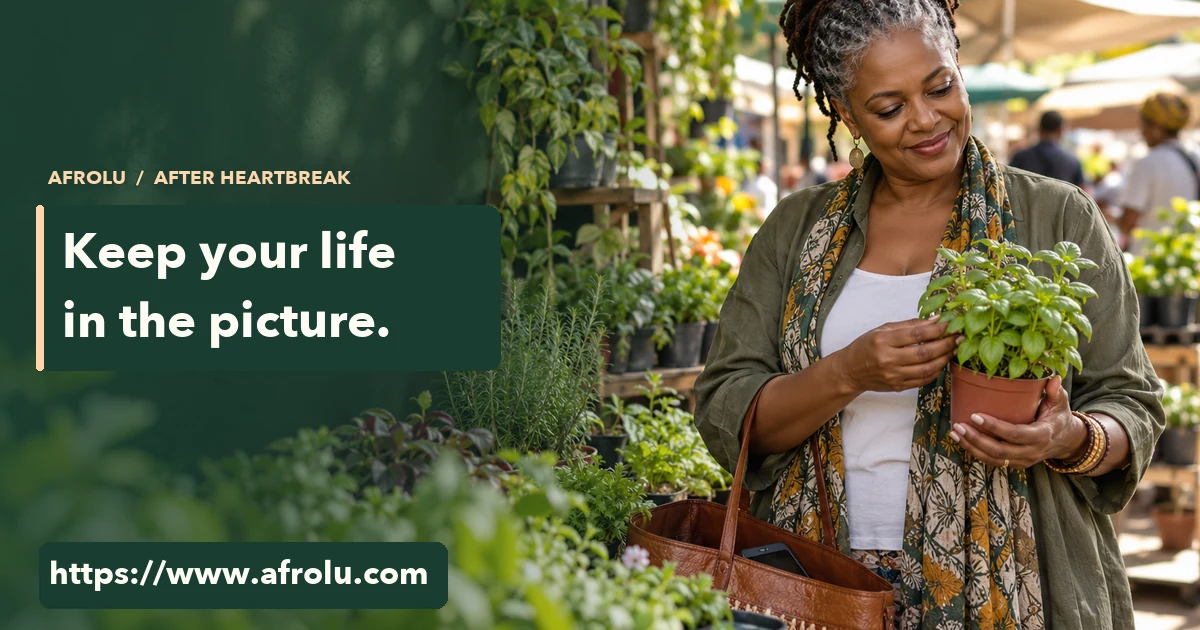 A woman in her fifties chooses a potted herb at a Nairobi plant market while her phone rests in her tote.