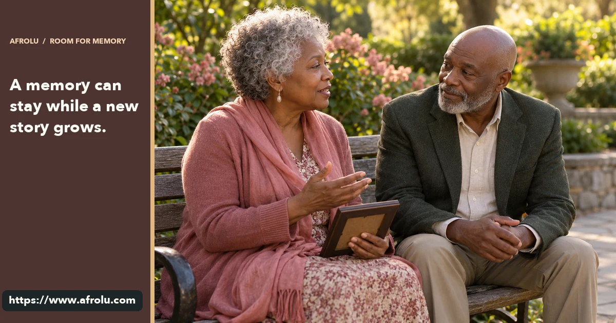 An older adult sits beside a framed photograph while talking with a new date in a public garden.