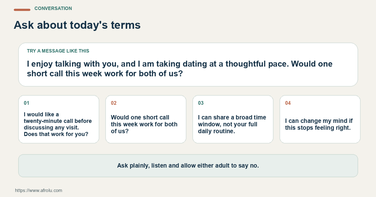 Four adaptable scripts for discussing starting long-distance dating after heartbreak, confirming a plan and stating a boundary.
