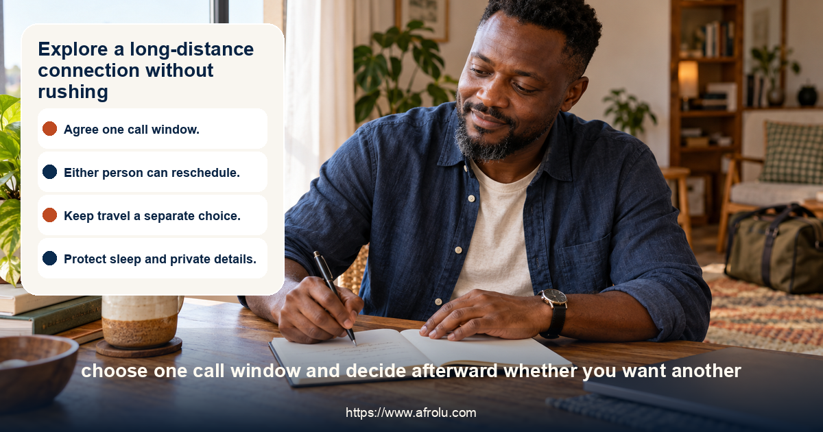 A man in Nairobi reflects after a short audio call while considering a measured long-distance dating step.
