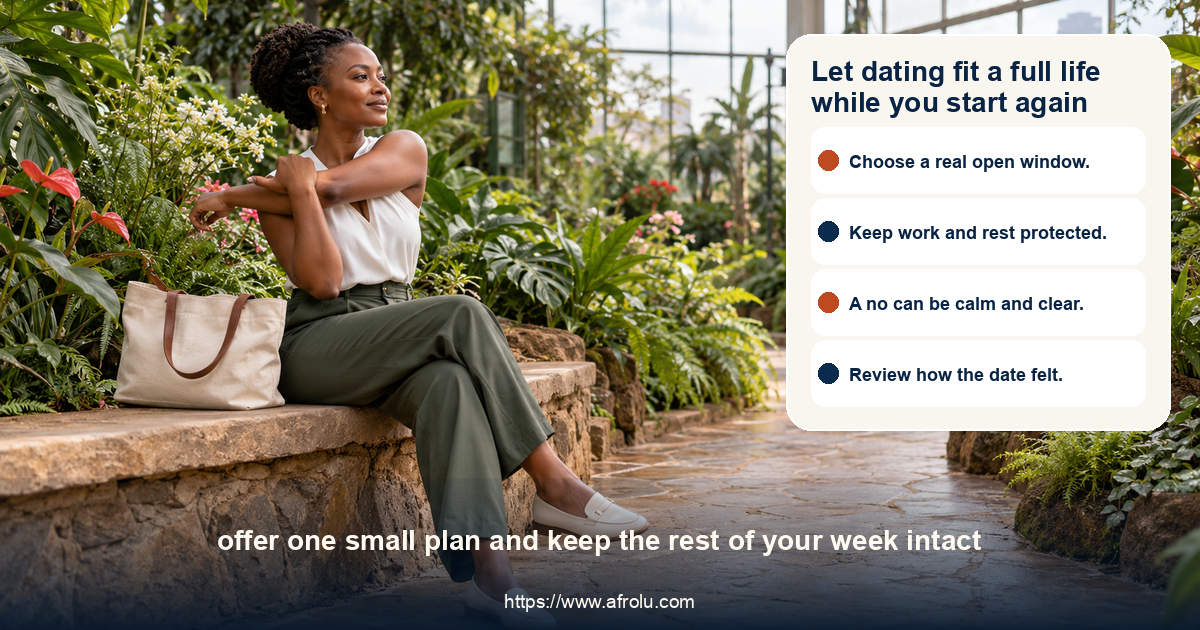 A woman takes a quiet break in a Nairobi garden during a busy workday as she considers a low-pressure return to dating.