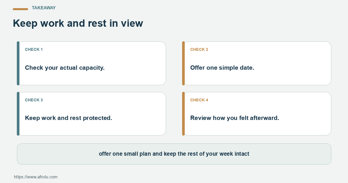 Four-step action plan for low-pressure dating after heartbreak during a busy career season: name your preference, agree one step, keep a boundary and reassess.