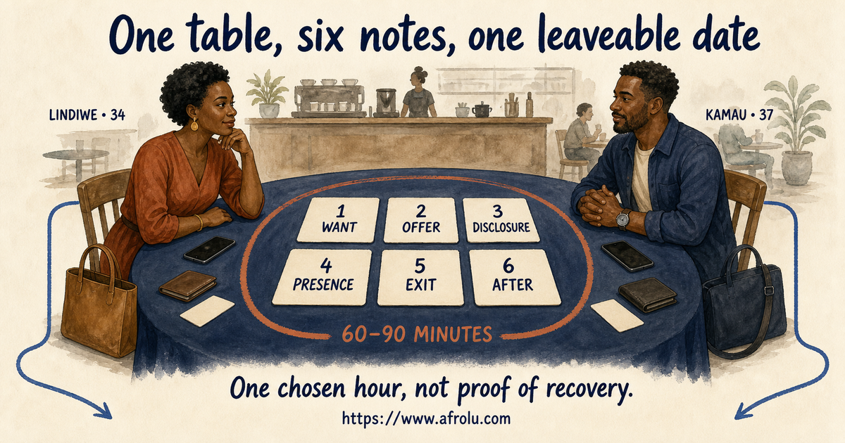 Lindiwe and Kamau at one public table reviewing six choices for a bounded new dating journey
