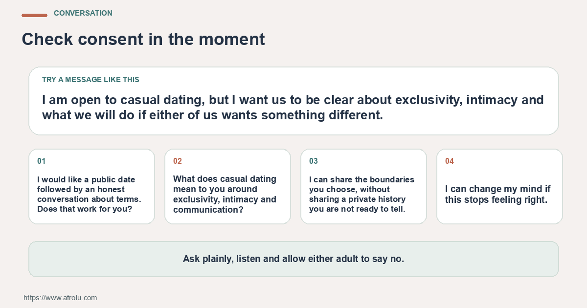 Four adaptable scripts for discussing casual dating after heartbreak with clear and current boundaries, confirming a plan and stating a boundary.
