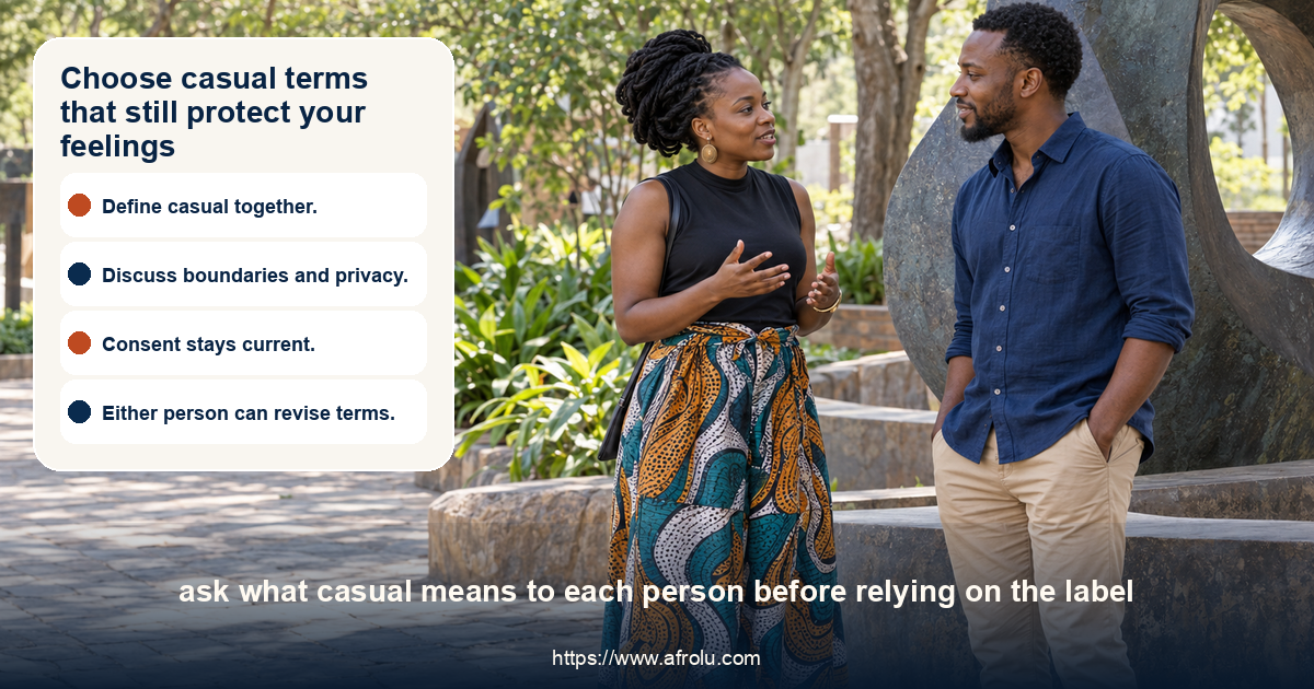 Two adults have a respectful conversation at a public outdoor art courtyard while discussing casual dating boundaries.