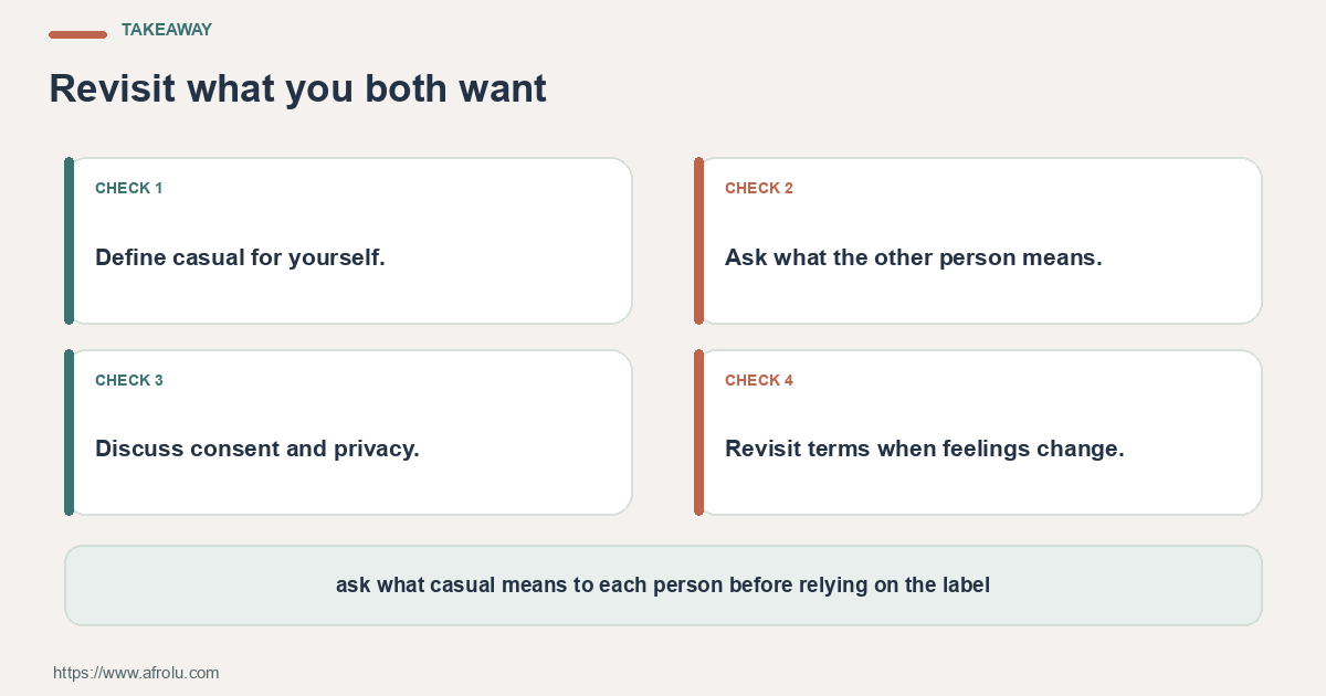 Four-step action plan for casual dating after heartbreak with clear and current boundaries: name your preference, agree one step, keep a boundary and reassess.