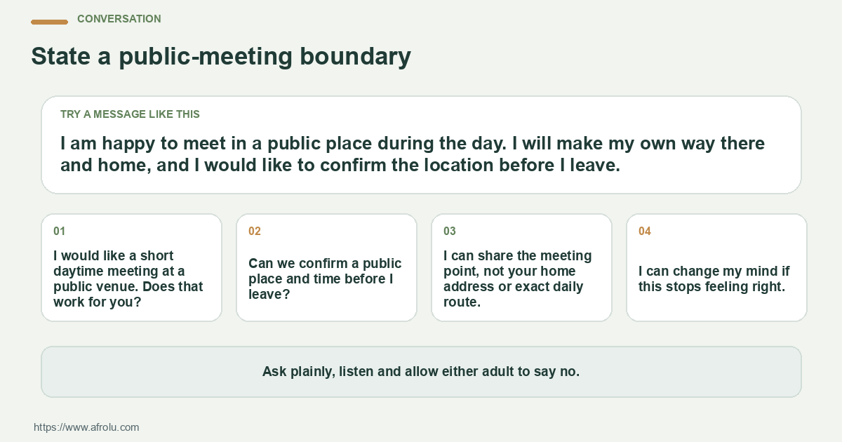 Four adaptable scripts for discussing planning an independent first date in Nairobi after heartbreak, confirming a plan and stating a boundary.