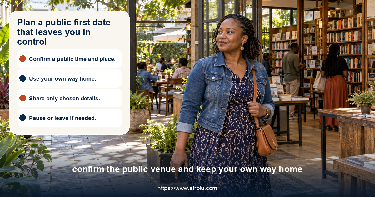 A woman arrives independently at a public bookshop courtyard in Nairobi before a first date.