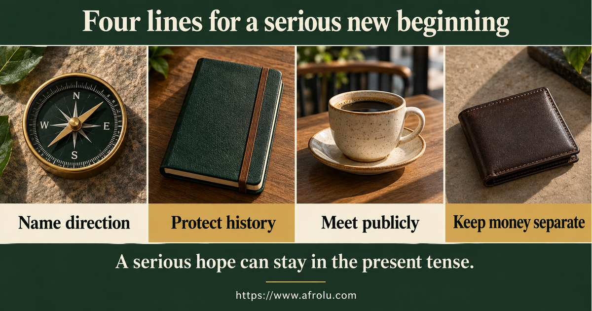 Four large plain-language scripts for serious intent without rushing, protected relationship history, a public first date and a boundary around money and private access