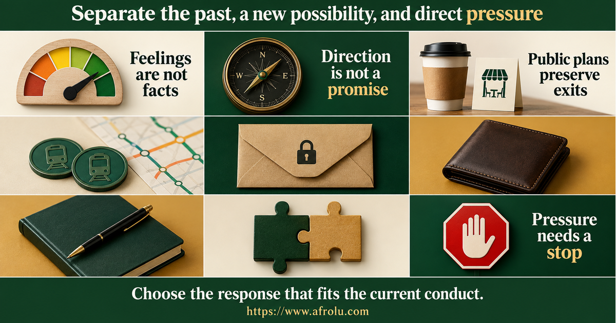 Nine-panel comparison of a grief wave, honest serious intention, slow learning, public date, different pace, gift obligation, money request, repeated boundary and clear closure