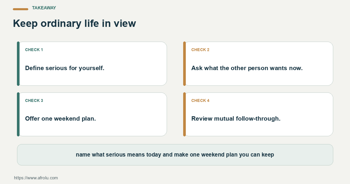 Four-step action plan for serious-intent dating after heartbreak while protecting weekends: name your preference, agree one step, keep a boundary and reassess.