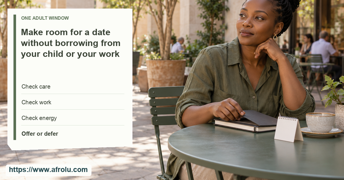 An adult parent closes a plain work notebook at a public café table in daylight, considering an adult invitation with no child visible.