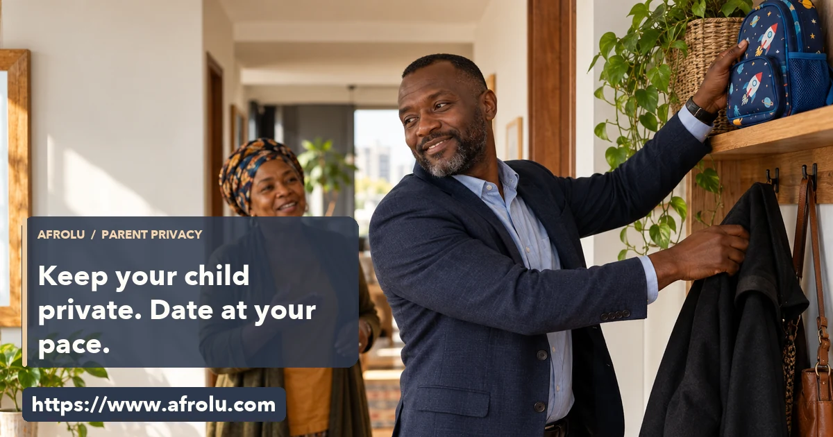 Adult Black father puts a child's bag on a shelf while a trusted adult relative speaks with him at home.