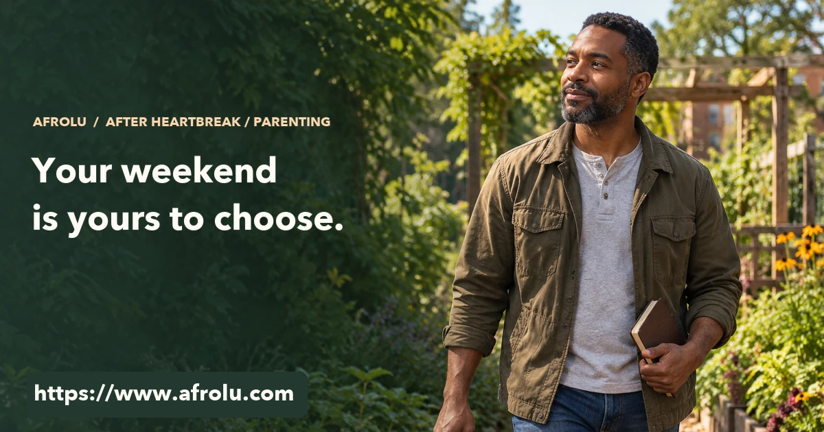 An adult father leaves a community garden with a closed notebook and his own weekend plans.