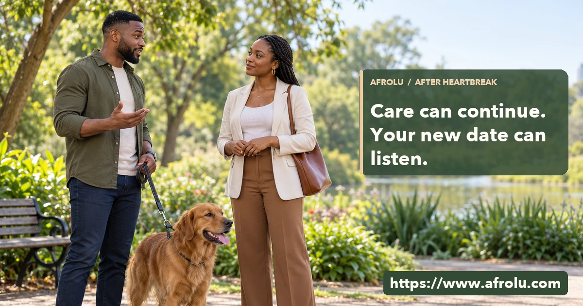 An adult holds a dog lead while speaking with a new date in a public park.