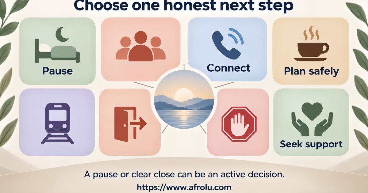 Eight equal-choice board for calling a friend, taking a pause, keeping one call, planning a public meeting, seeking support, reporting pressure, closing a chat or protecting rest