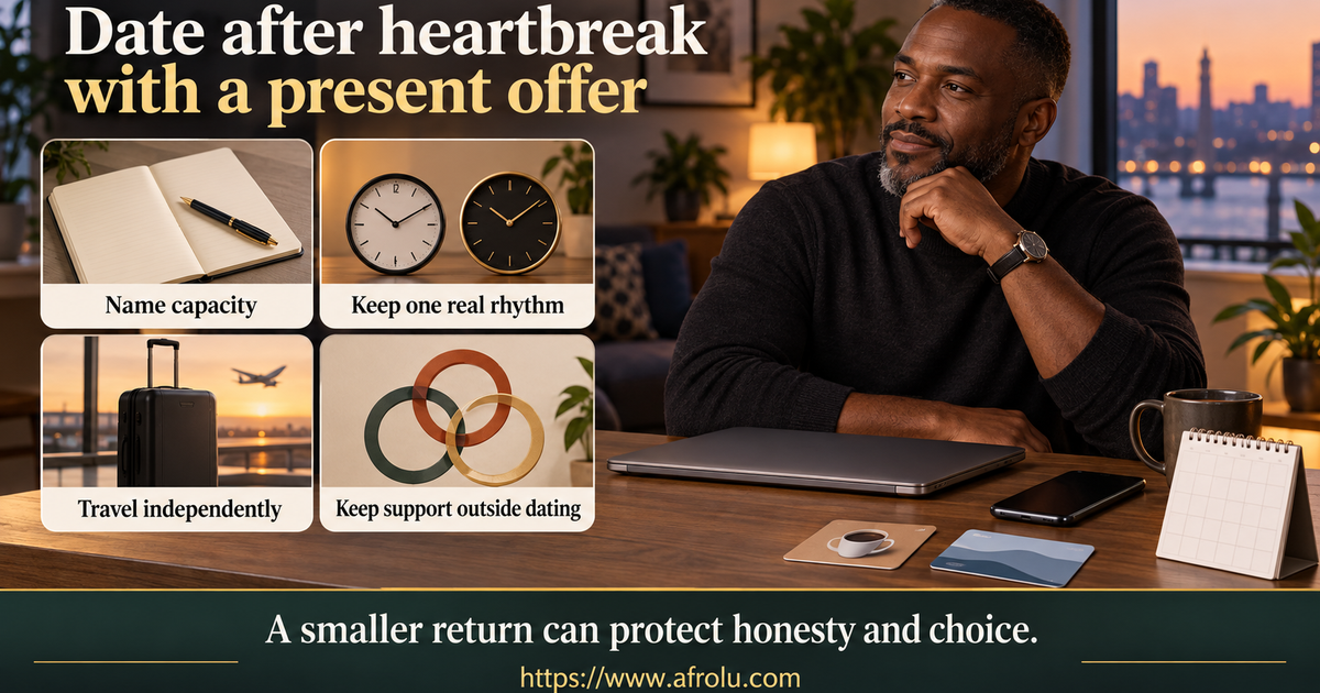 Adult professional reviewing a calm return-to-dating plan with a work calendar, two clocks, independent travel card, public meeting note and a small support circle