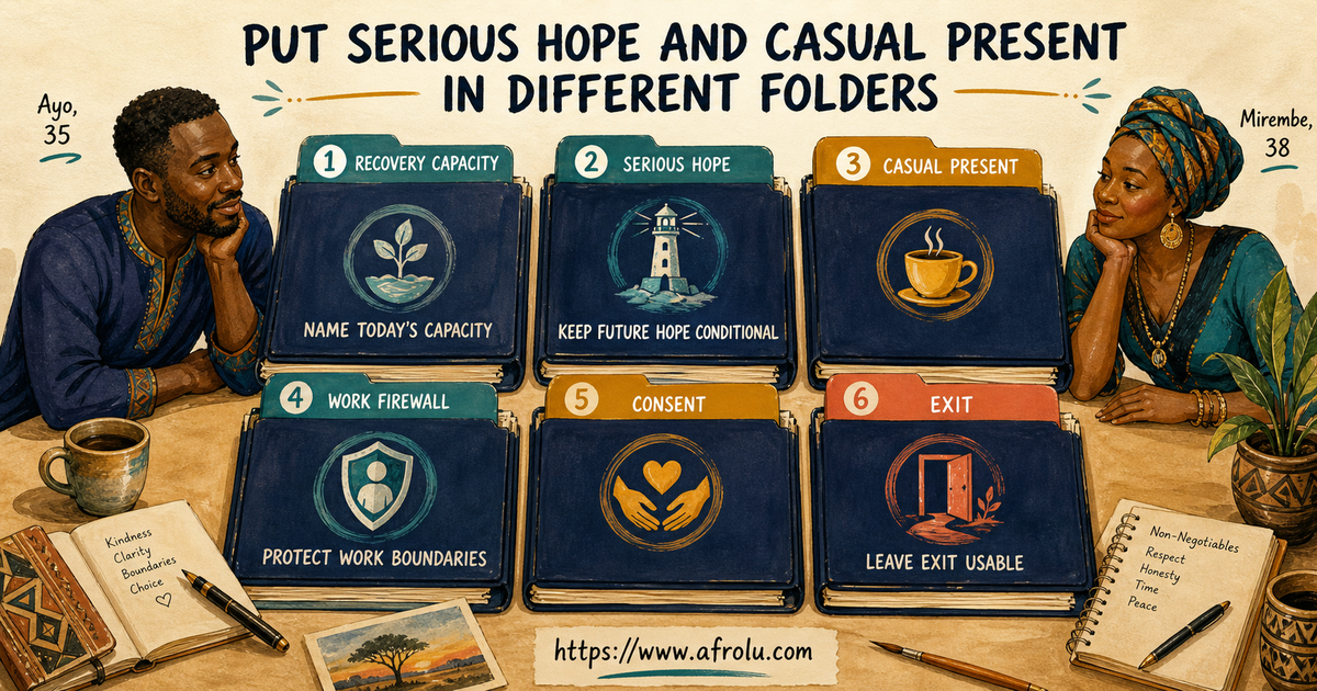 Ayo and Mirembe reviewing six separate briefing folders for recovery capacity serious hope casual present work firewall consent and exit