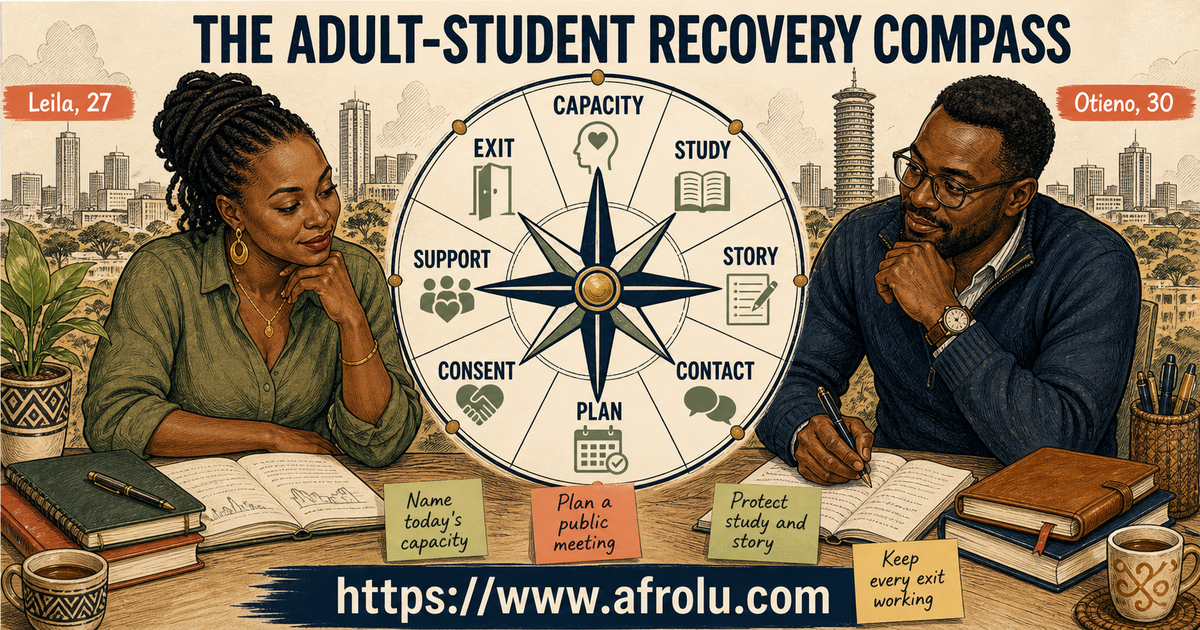 Leila age 27 and Otieno age 30 using an eight-point Nairobi adult-student recovery compass for capacity study story contact plan consent support and exit