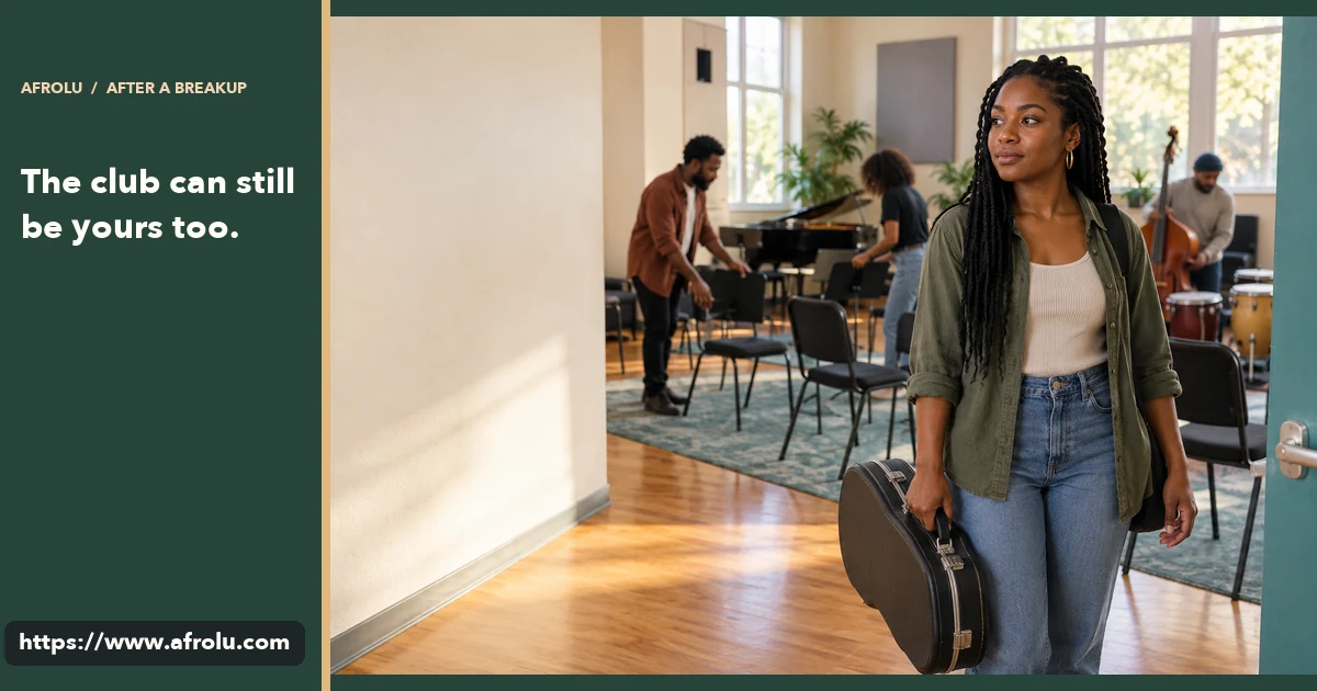 Adult student holding an instrument case at the entrance of a community music room.