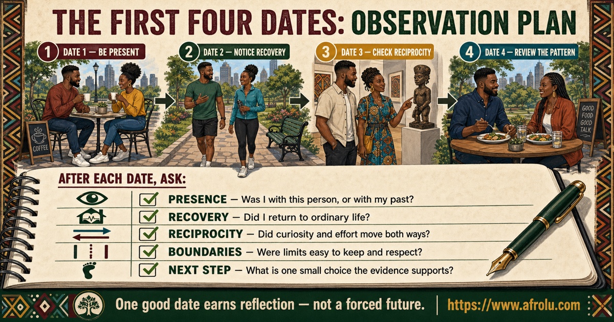 First four dates after heartbreak observation plan for presence, recovery, reciprocity, boundaries, and next decisions