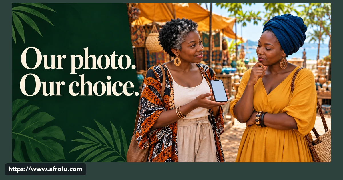 Two adult women discuss a phone photo at an outdoor market.