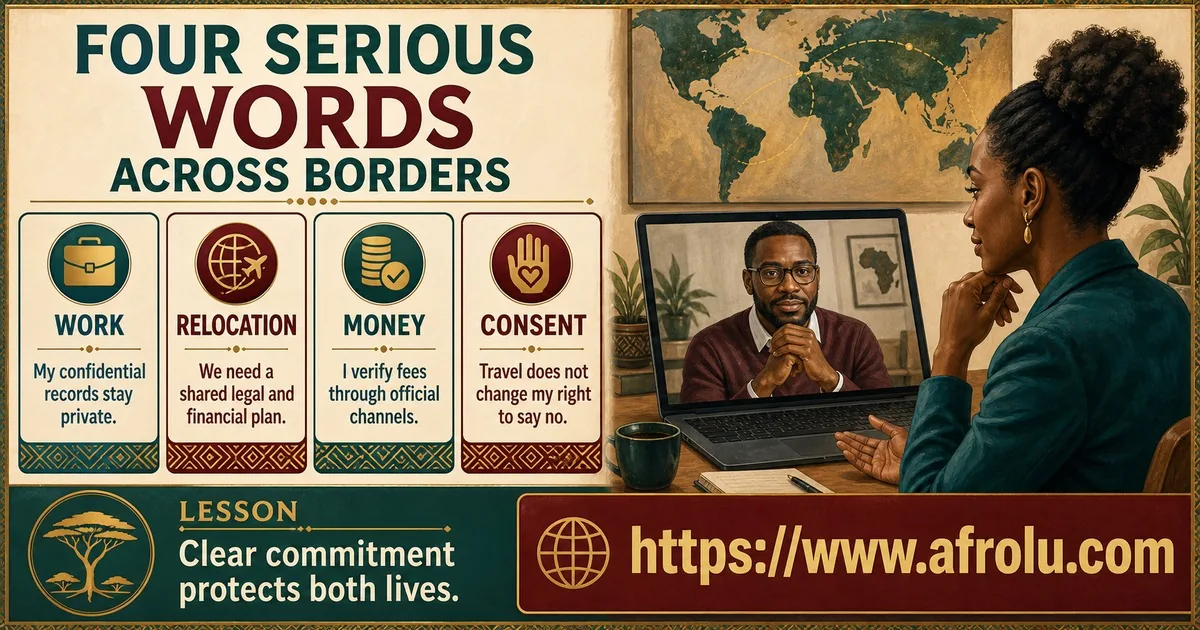Four clear scripts protect work, relocation, money, and consent in a diaspora relationship.