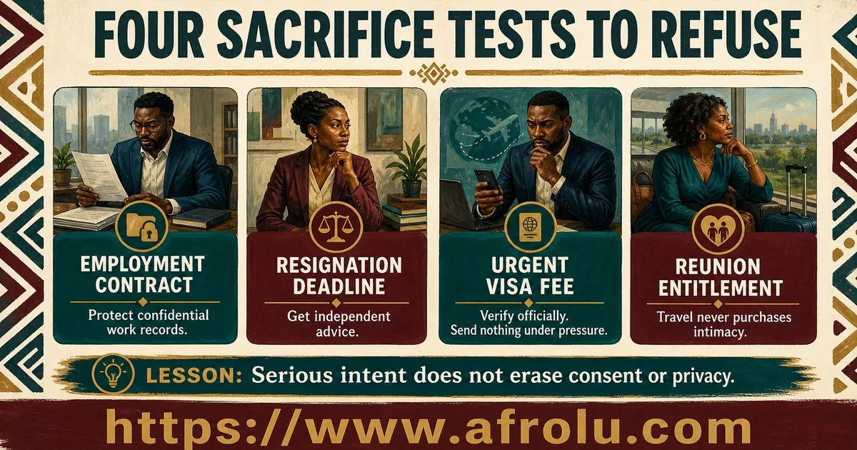 Four warning panels cover an employment contract, resignation deadline, urgent visa fee, and reunion entitlement.