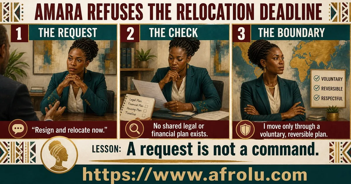 Amara declines a sudden relocation deadline while keeping the relationship conversation open.