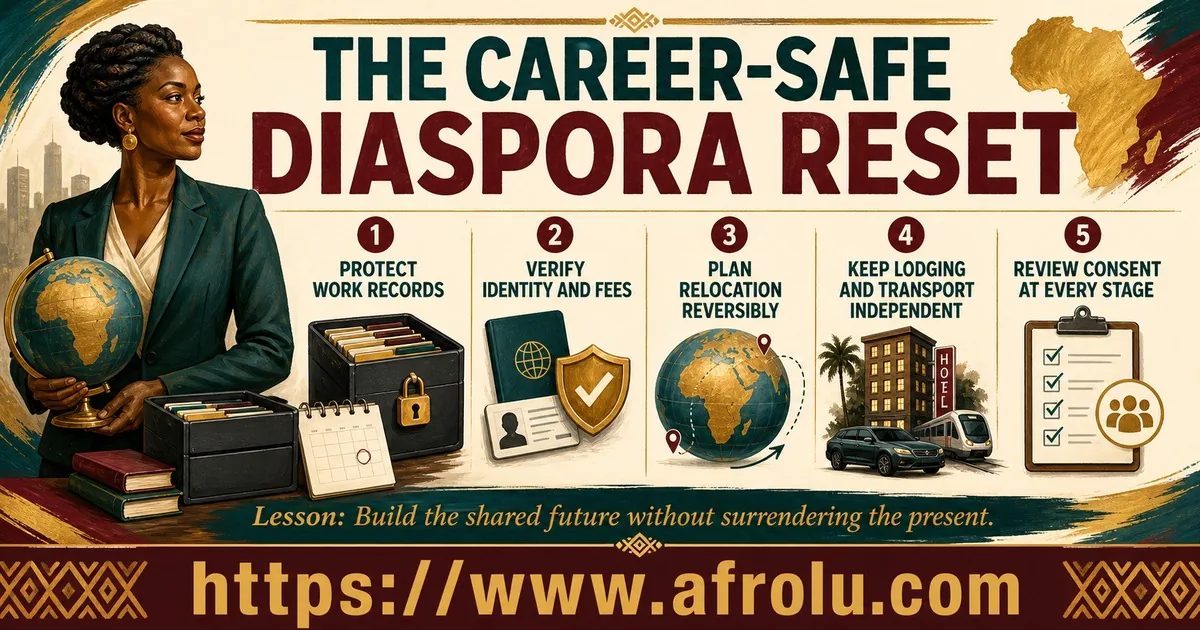 A five-step career-safe diaspora reset covers records, timelines, money, advice, and consent.