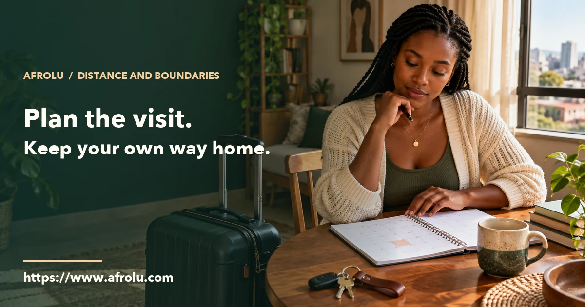 An adult woman considers a calendar at home with her own keys and a closed travel bag nearby.
