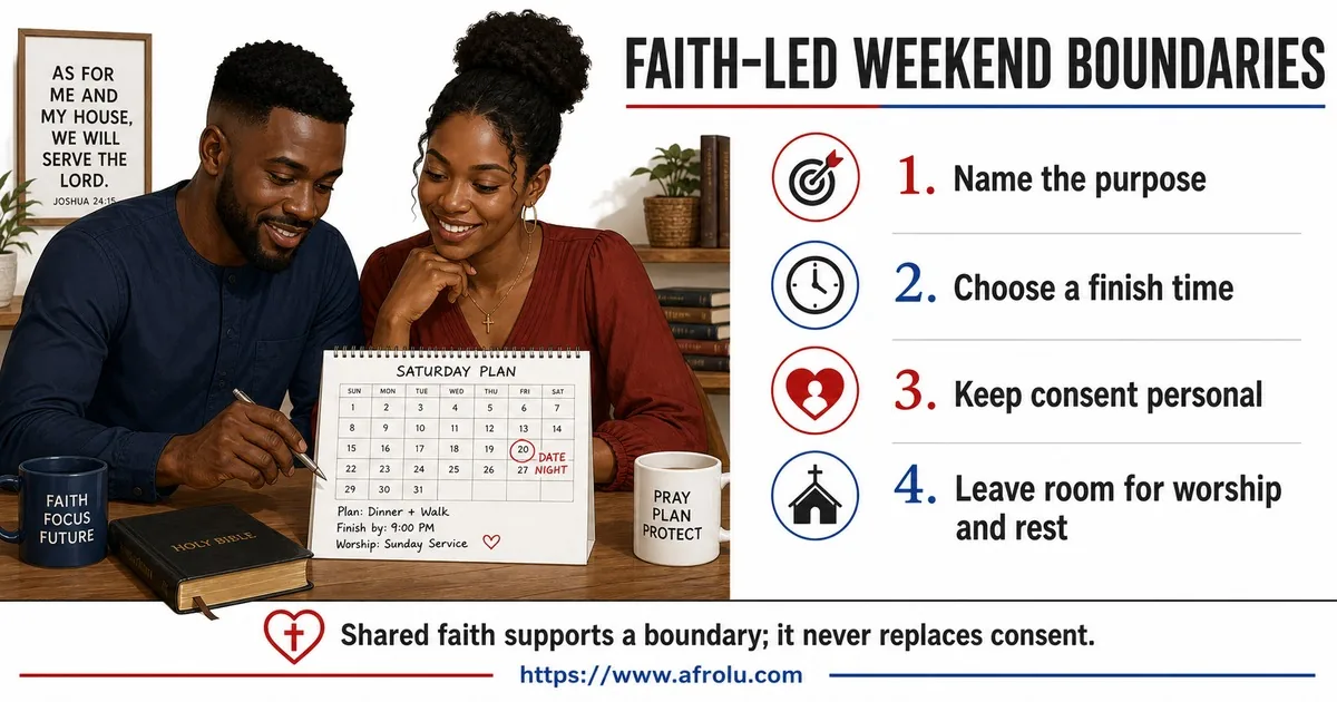 A faith-led adult couple uses a Saturday calendar to set purpose, finish time, consent, worship, and rest boundaries.
