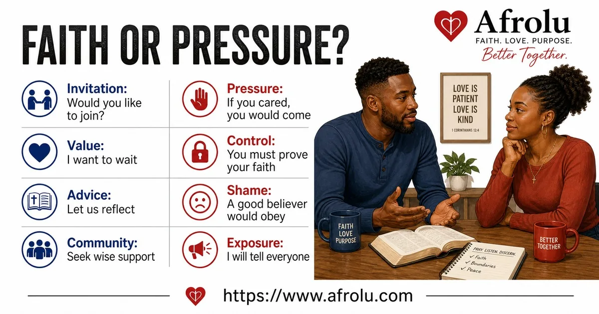 Four comparisons separate faith invitations and values from pressure, shame, control, and exposure.