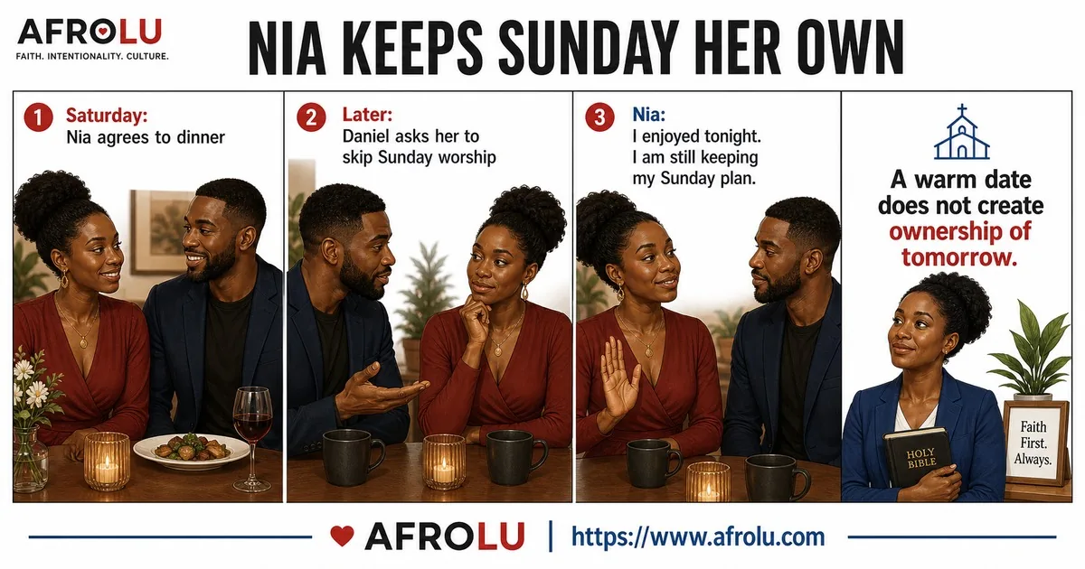 Nia keeps her Sunday worship plan after a warm Saturday dinner.